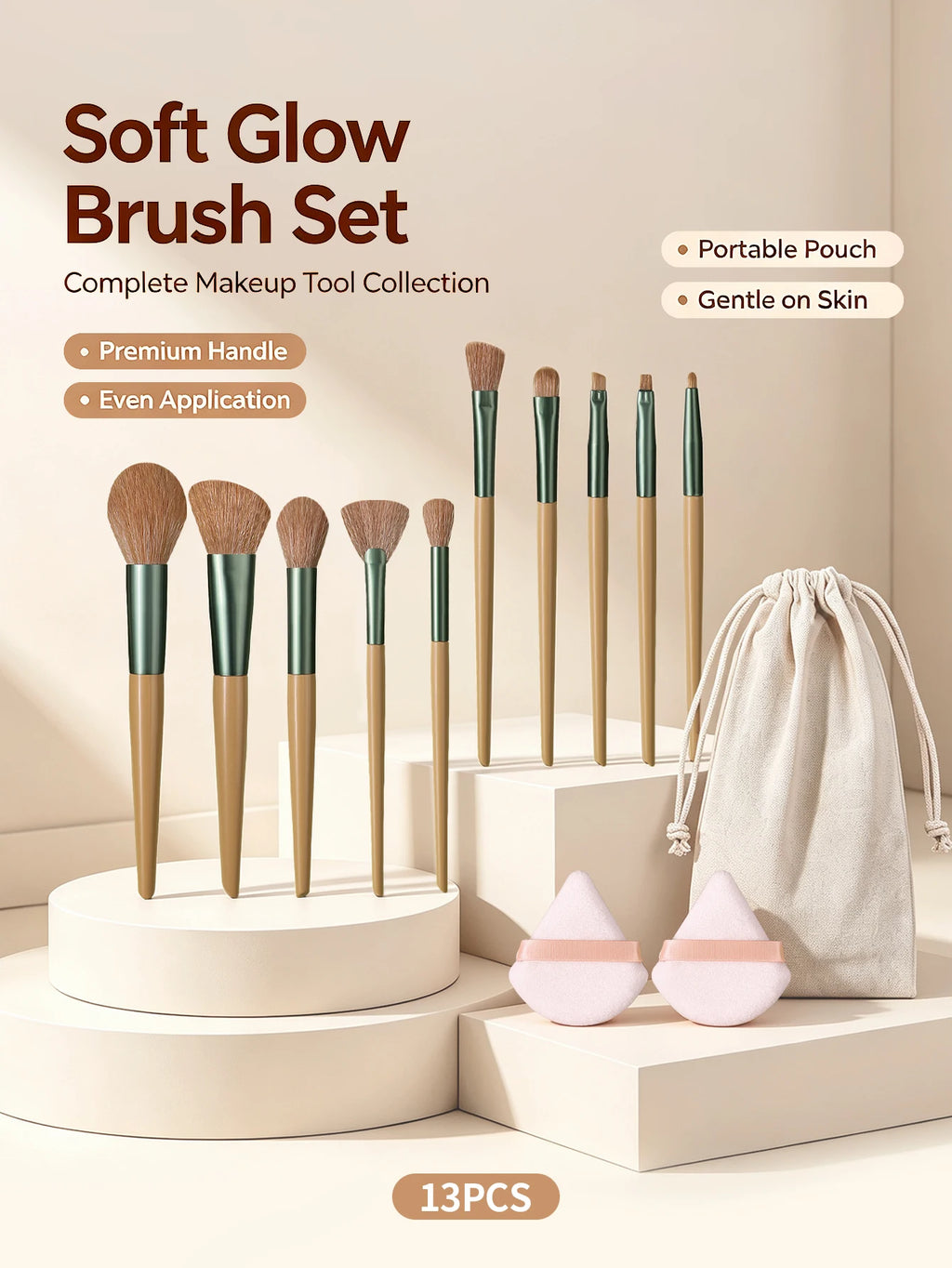 13-Piece Makeup Brush Set with Storage Bag & Powder Puffs Makeup Brush Set Nixie Other