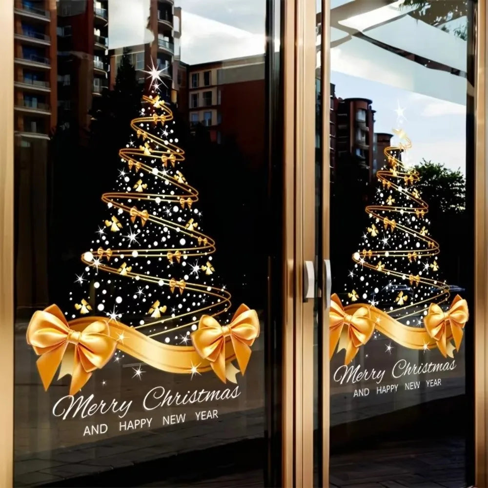 Golden Christmas Tree Window Decals – Self-Adhesive PVC Stickers