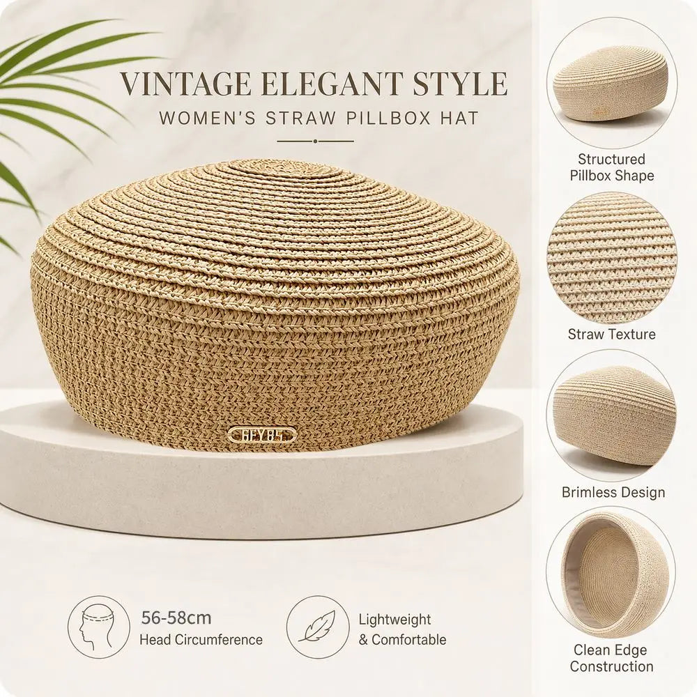 Women's Straw Pillbox Hat – Vintage Structured Brimless Dress Hat Straw Pillbox Hat Nixie