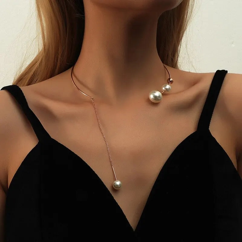 Gold-Tone Pearl Tassel Collar Choker Necklace for Women Choker Necklace Nixie