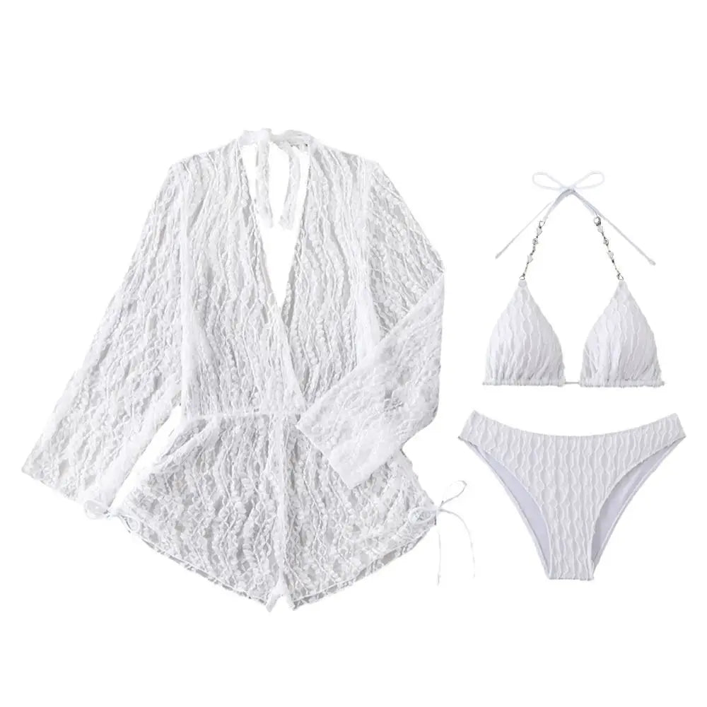 3-Piece Women's Mesh Cover-Up Bikini Set | Long Sleeve Swimwear