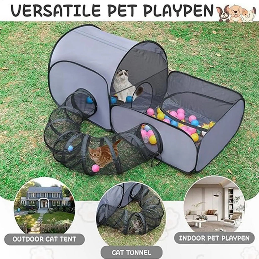 Foldable Cat Tent with Tunnel – Large Pet Playpen for Cats & Dogs Cat Playpen Tent Nixie