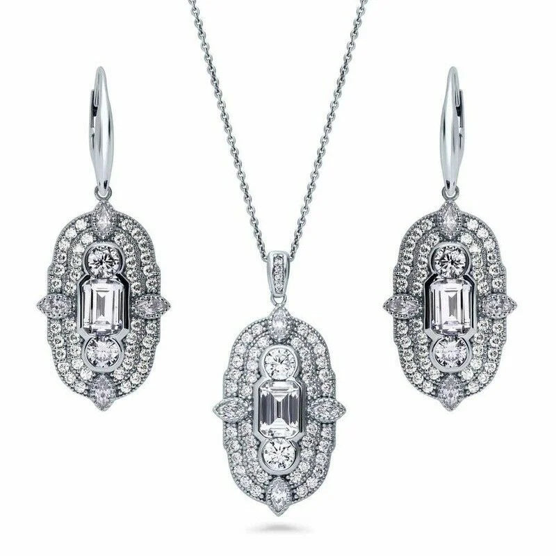 Silver CZ Art Deco Necklace & Earrings Set | Nixie