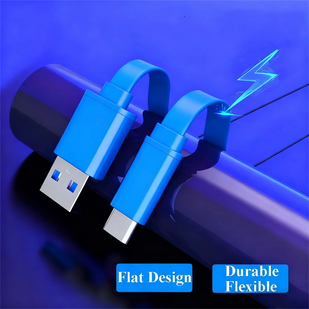 Flat USB to USB-C Cable | PD Fast Charging | Ultra-Thin USB-C Charging Cable Nixie Blue 2m