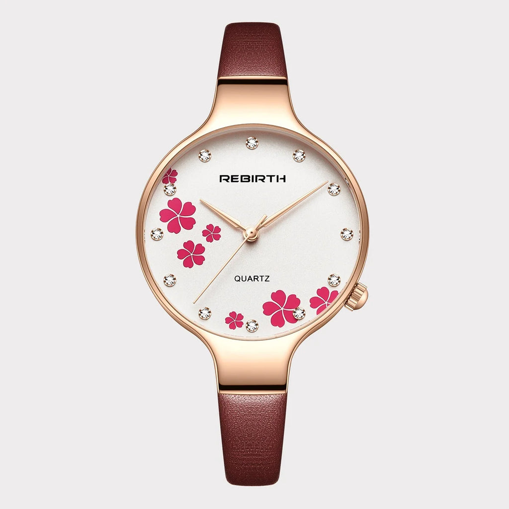 REBIRTH Retro Floral Quartz Watch – Leather Strap, Elegant Quartz Wristwatch Nixie Coffee