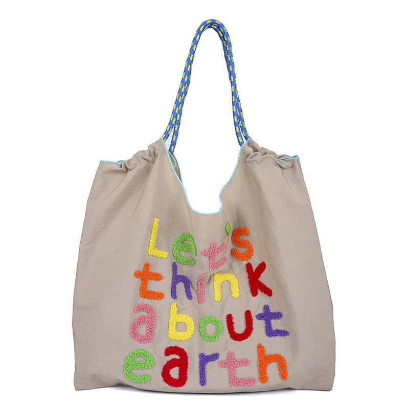 Korean Style Large Canvas Tote Bag – Letter Embroidered Canvas Tote Bag Nixie