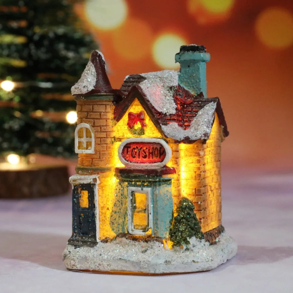 LED Miniature Christmas Village House Resin Ornament Decor Christmas Village Ornament Nixie White-Black J