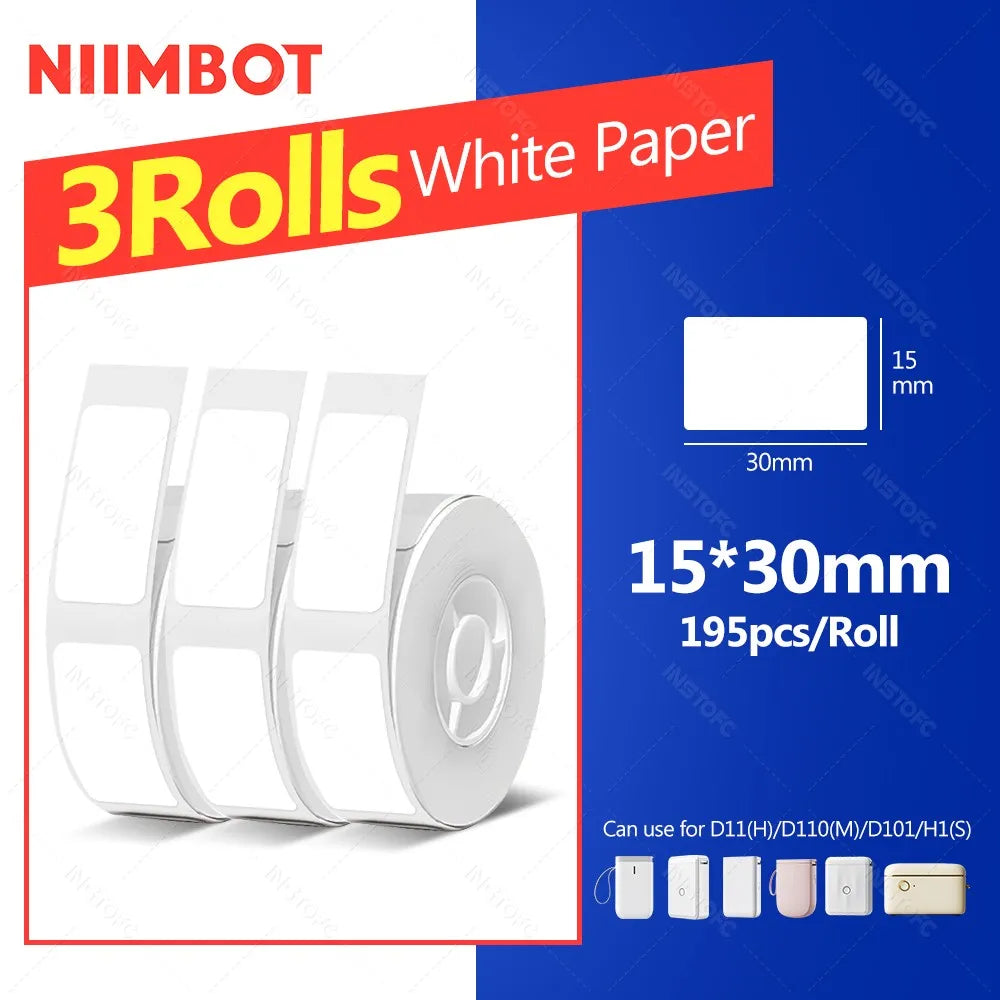 Niimbot Thermal Label Paper – Waterproof White Tape D11 D110 Thermal Label Tape Nixie 3Rolls 15x30mm