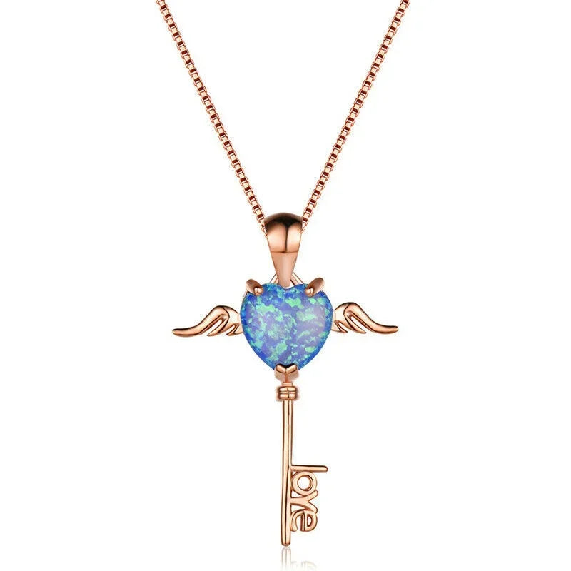 Silver Key Heart Simulated Opal Pendant Necklace for Women Pendant Necklace Nixie