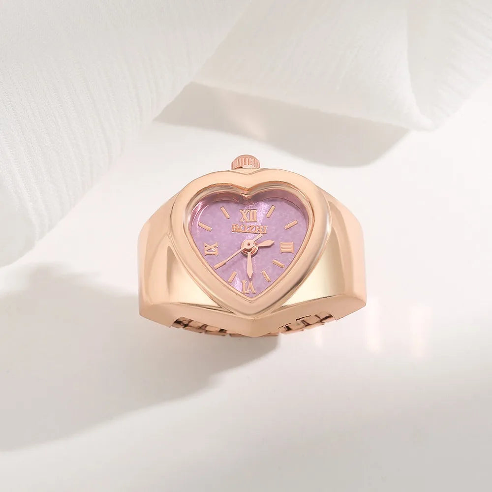Retro Heart Shape Ring Watch – Stainless Steel Quartz Clock Ring Watch Nixie Rose Gold Purple