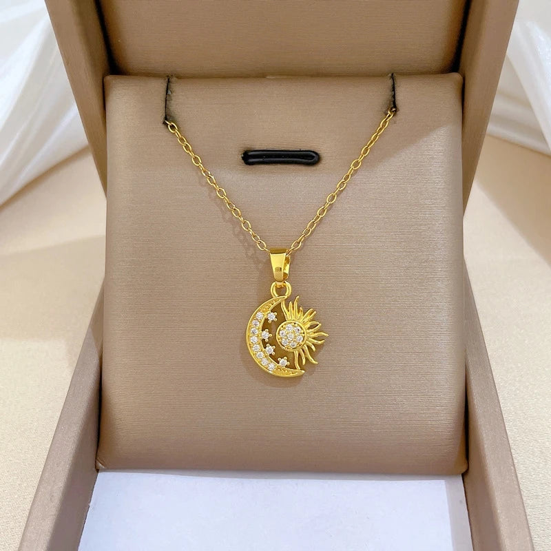 Moon Star Starburst Gold Copper Pendant Necklace for Women