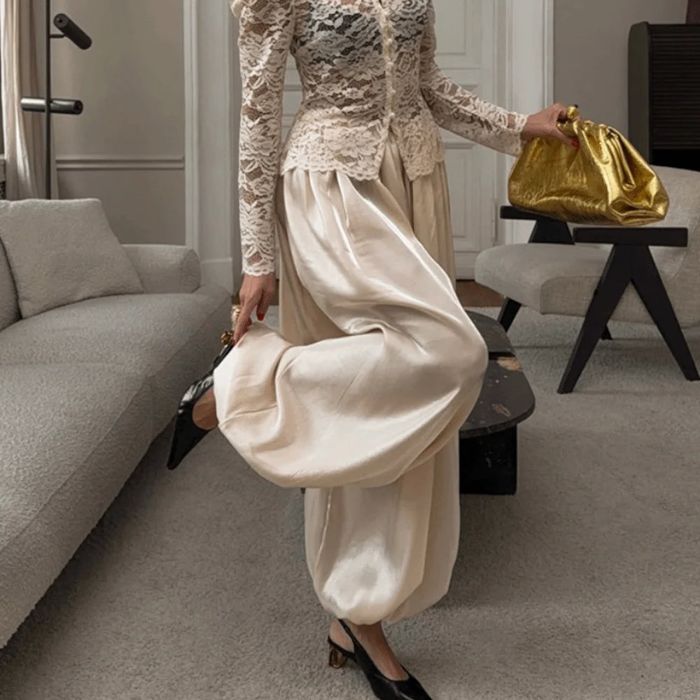 Women's Satin High Waist Wide Leg Ankle Pants | Elegant Fit