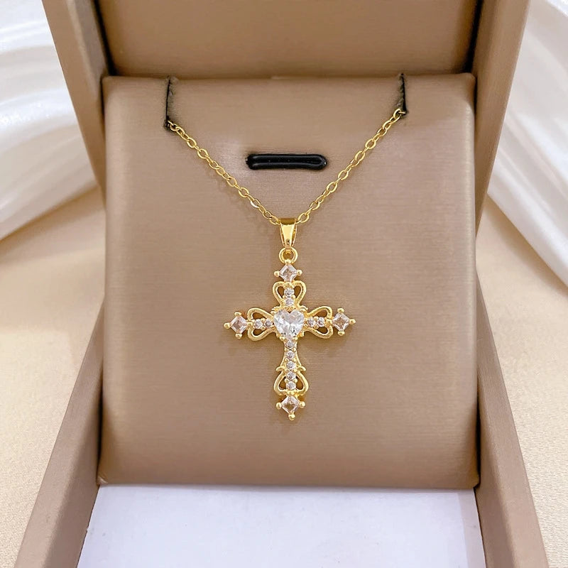Women's Gold Cross Pendant Necklace – Stainless Steel Choker Pendant Necklace Nixie
