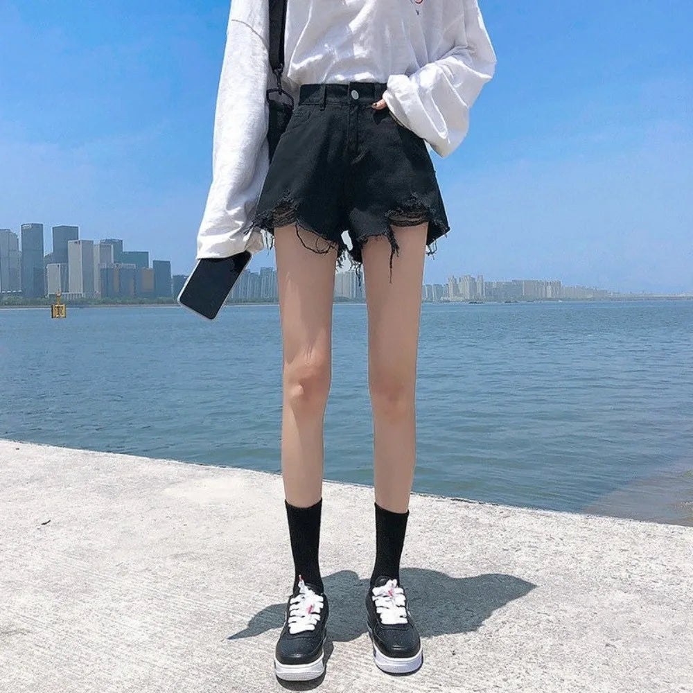 Women's High Waist Ripped Denim Shorts – Frayed Raw Hem Denim Shorts Nixie