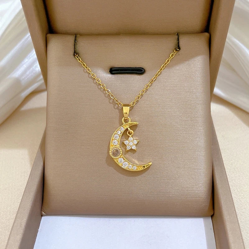 Star Moon Pendant Necklace – Gold Stainless Steel Choker Women Pendant Necklace Nixie