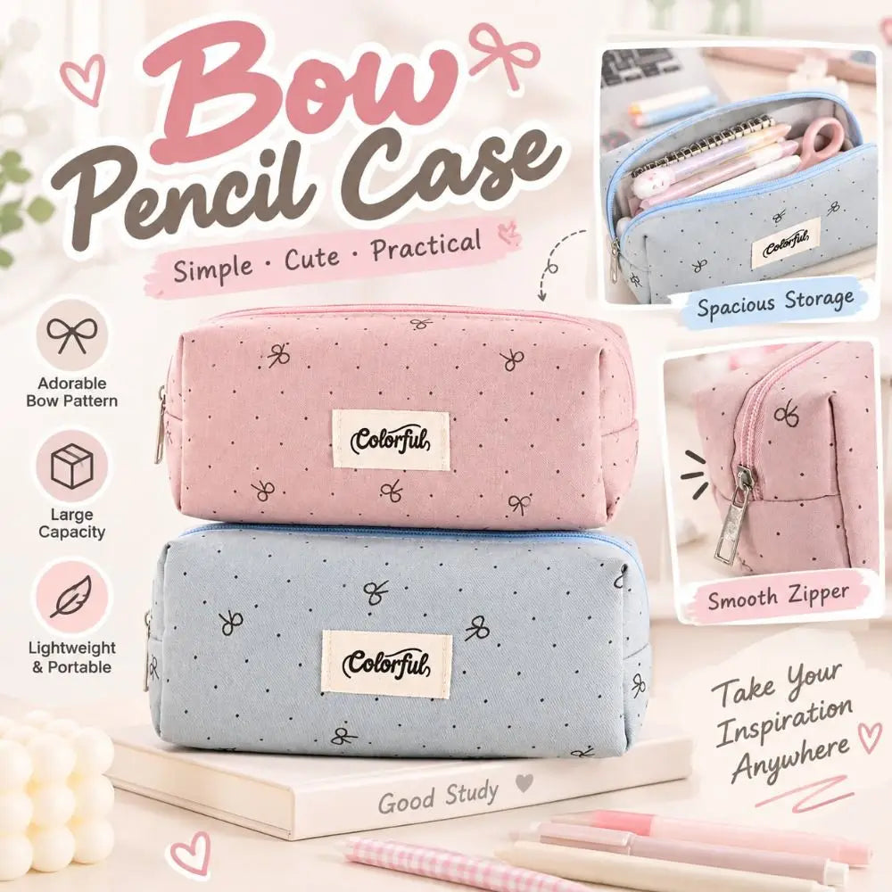 Bow Pattern Fabric Pencil Case – Cute Zipper Pouch