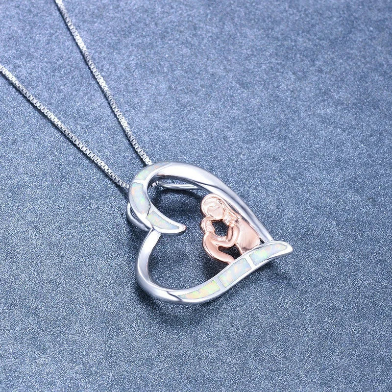 Mom & Baby Heart Pendant Necklace – Fire Opal, 5 Colors Pendant Necklace Nixie
