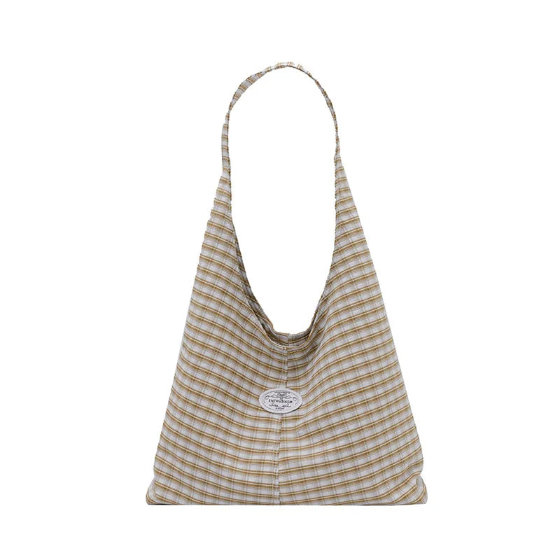 Korean Plaid Canvas Shoulder Bag – Women's Casual Hobo Tote Canvas Shoulder Bag Nixie Cream Apricot