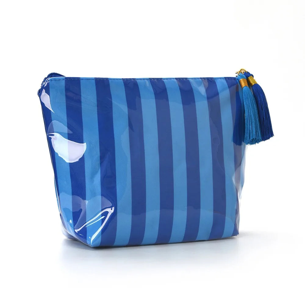 Glossy PVC Striped Cosmetic Bag Zip Makeup Organizer Travel Pouch Cosmetic Travel Bag Nixie Blue