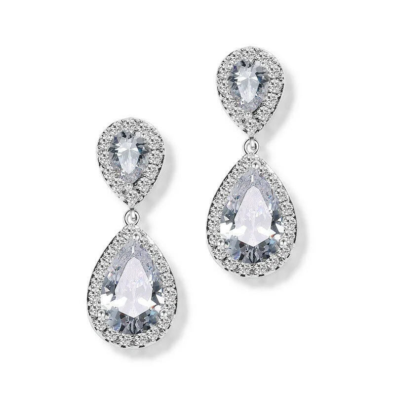 Women's Silver Plated White Stud Drop Earrings | Wedding Gift