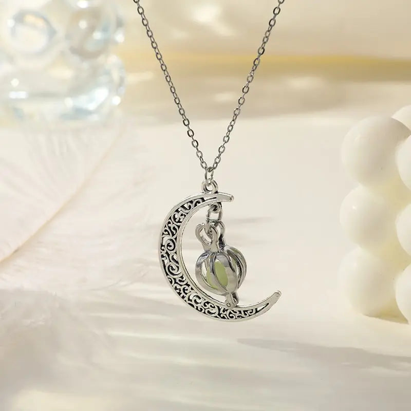 Silver-Tone Moon & Pumpkin Pendant Necklace | Light Luxury Style Pendant Necklace Nixie
