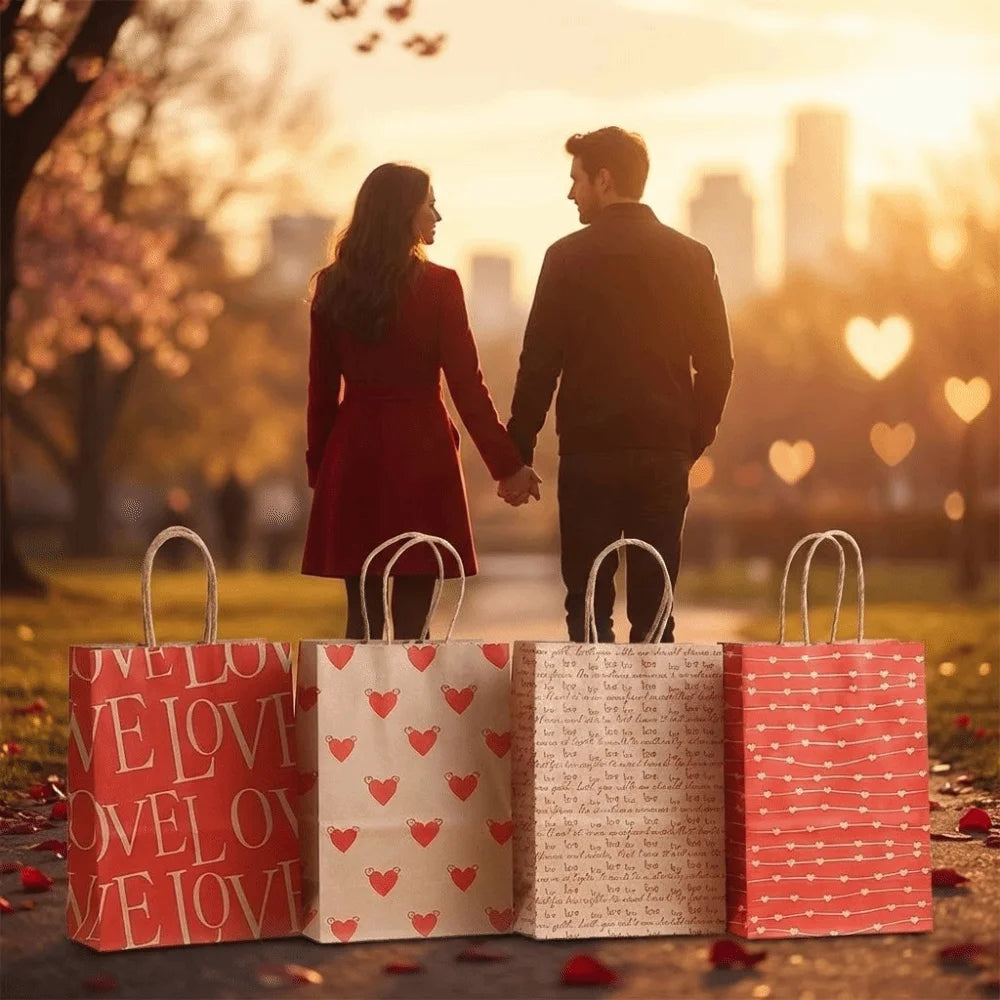 10Pcs Kraft Paper Gift Bags with Handles – Love Print Design