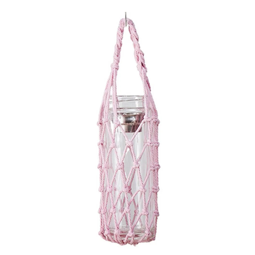 Hand Woven Cotton Rope Water Bottle Sleeve | Hanging Cup Cover Bottle Sleeve Nixie Pink