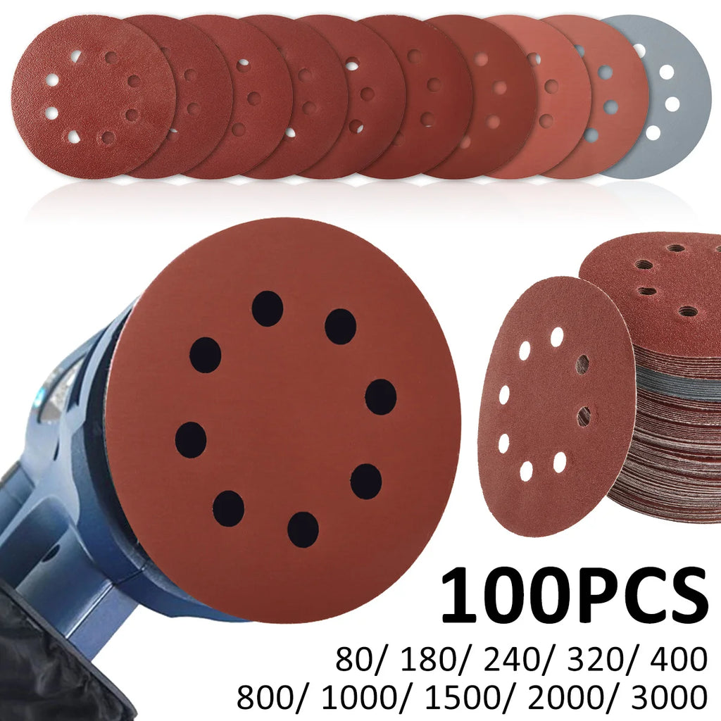 100Pcs 5" Hook & Loop Sanding Discs 80–3000 Grit | 8-Hole Abrasive Sanding Discs Nixie