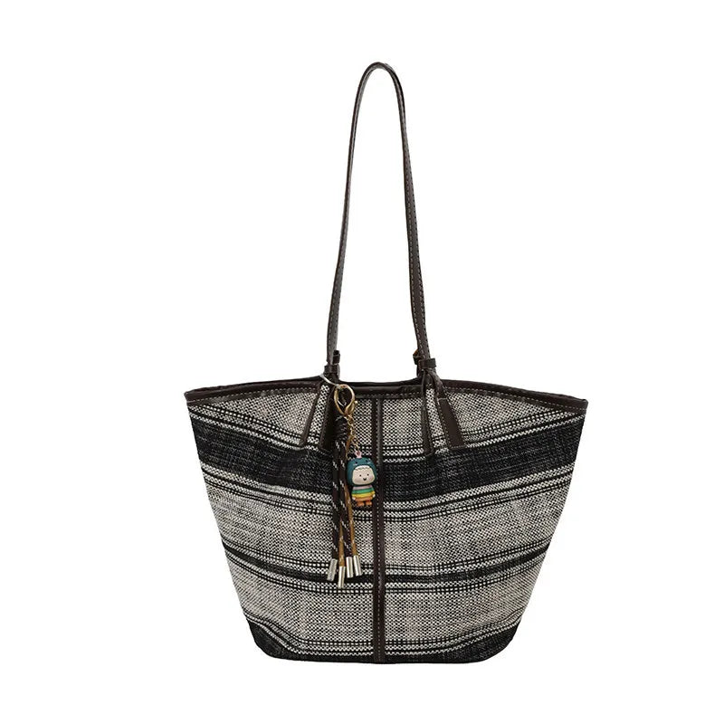 Large-Capacity Striped Canvas Tote Bag – Women's Shoulder Bag Canvas Tote Bag Nixie coffee