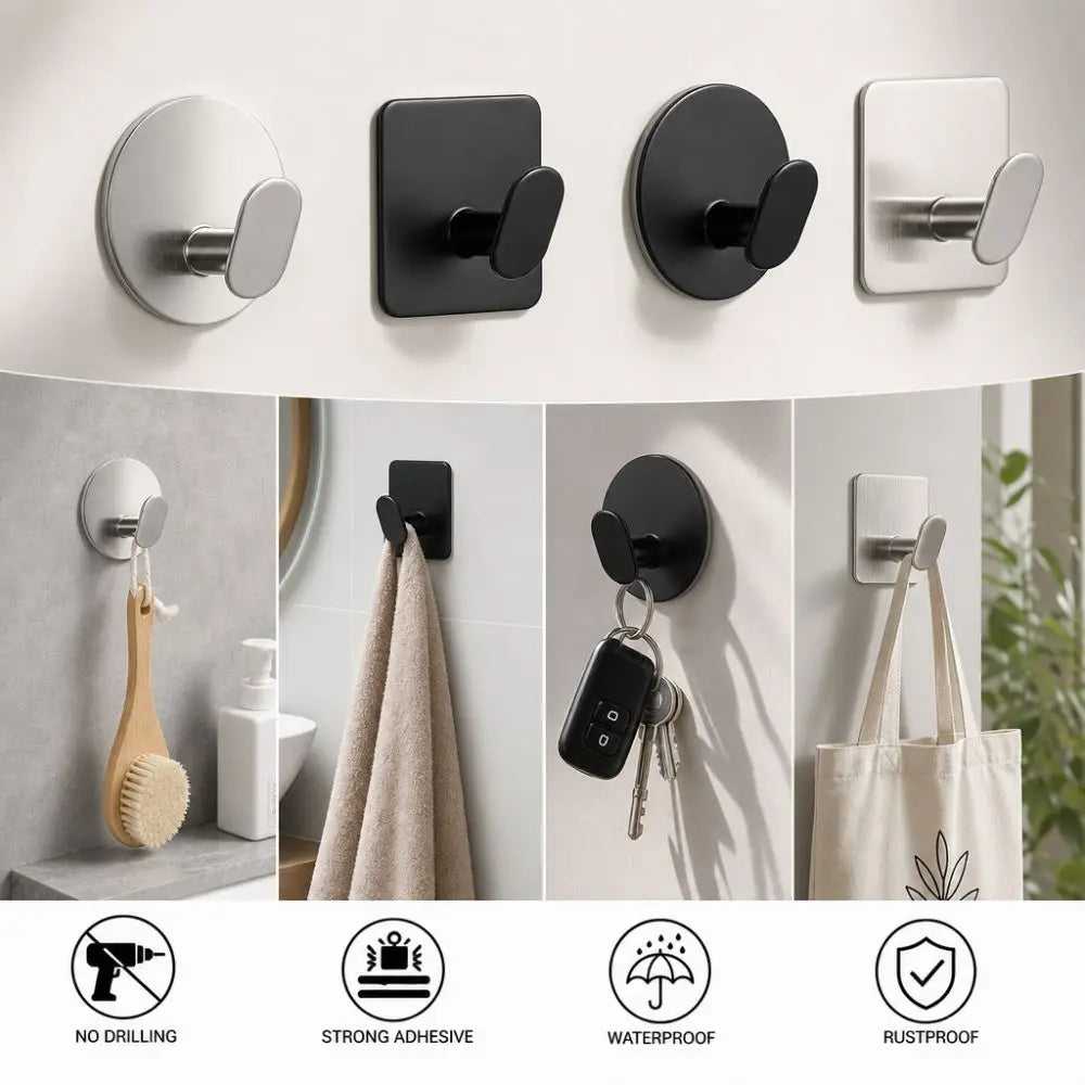 3-Pack Stainless Steel Adhesive Wall Hooks – Rust-Proof