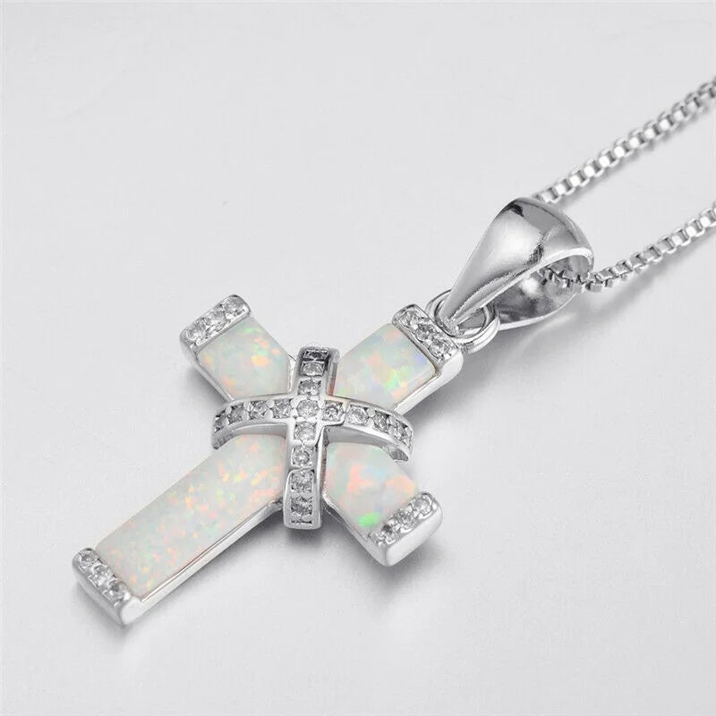 Simulated Opal Cross Pendant Necklace | Silver Women's Jewelry Cross Pendant Necklace Nixie