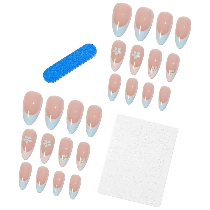 Handmade Nude Blue Floral False Nails L Size – 24Pcs False Nail Tips Nixie