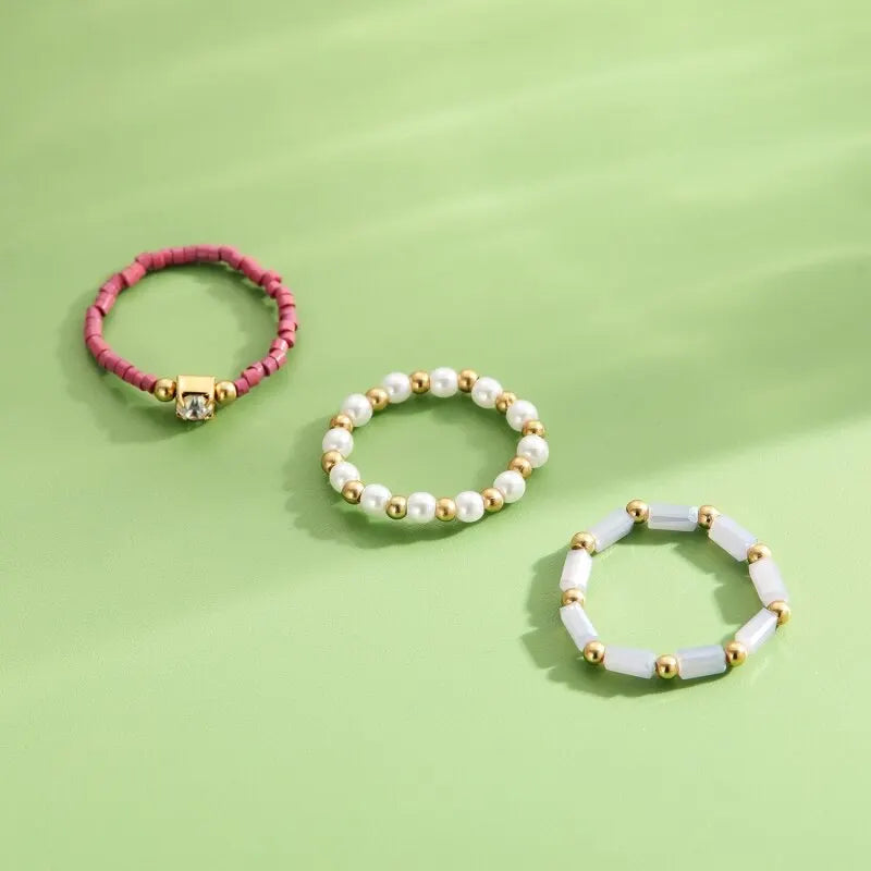 3pcs Bohemian Pearl Rings Set – Beaded Party Jewelry for Women
