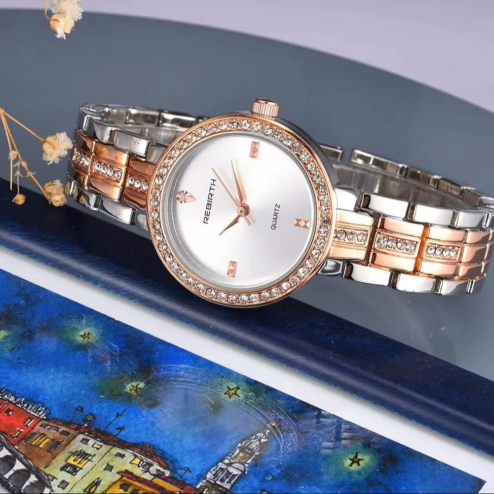 REBIRTH Women's Rose Gold Quartz Watch Diamond Bezel | Gift Women's Quartz Watch Nixie