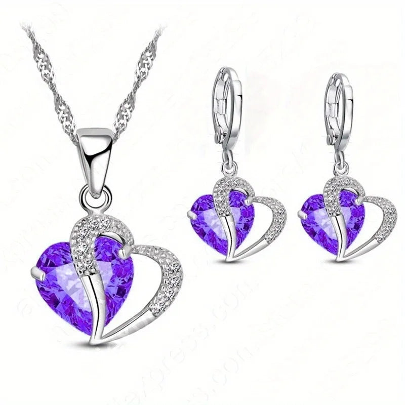 Heart Crystal Zirconia Necklace & Earring Set | 3-Piece Jewelry Crystal Jewelry Set Nixie