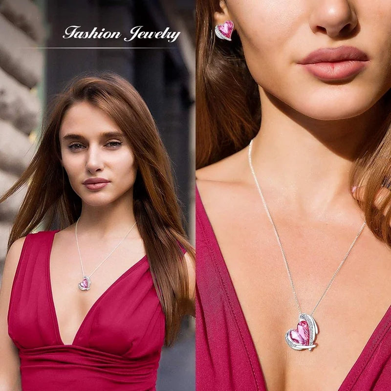 Silver Heart Crystal Necklace & Earrings Set for Women Jewelry Set Nixie