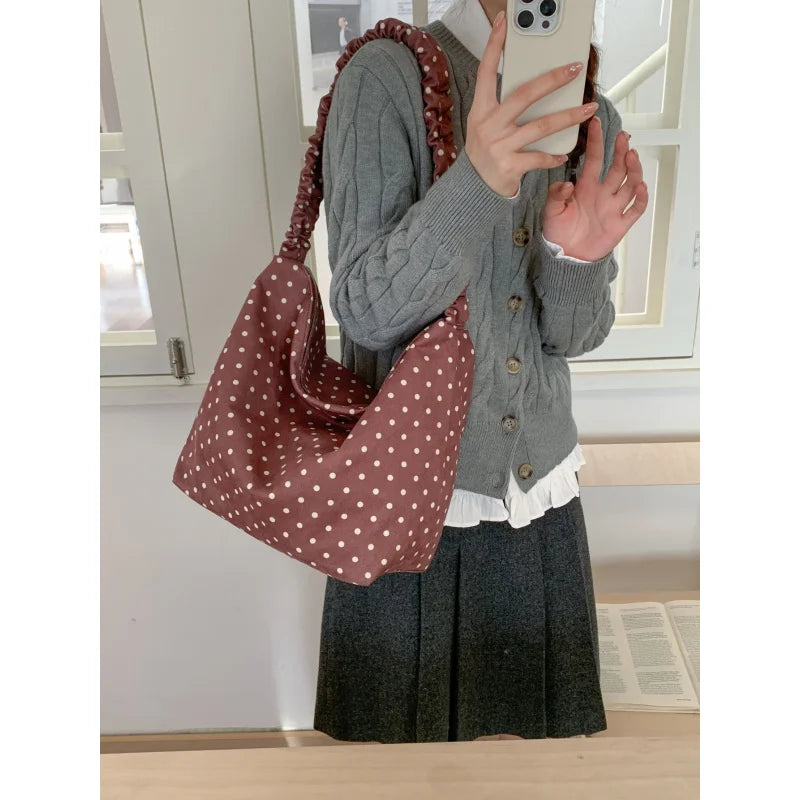 Korean Style Red Polka Dot Canvas Tote Bag | Large Shoulder Bag Canvas Tote Bag Nixie