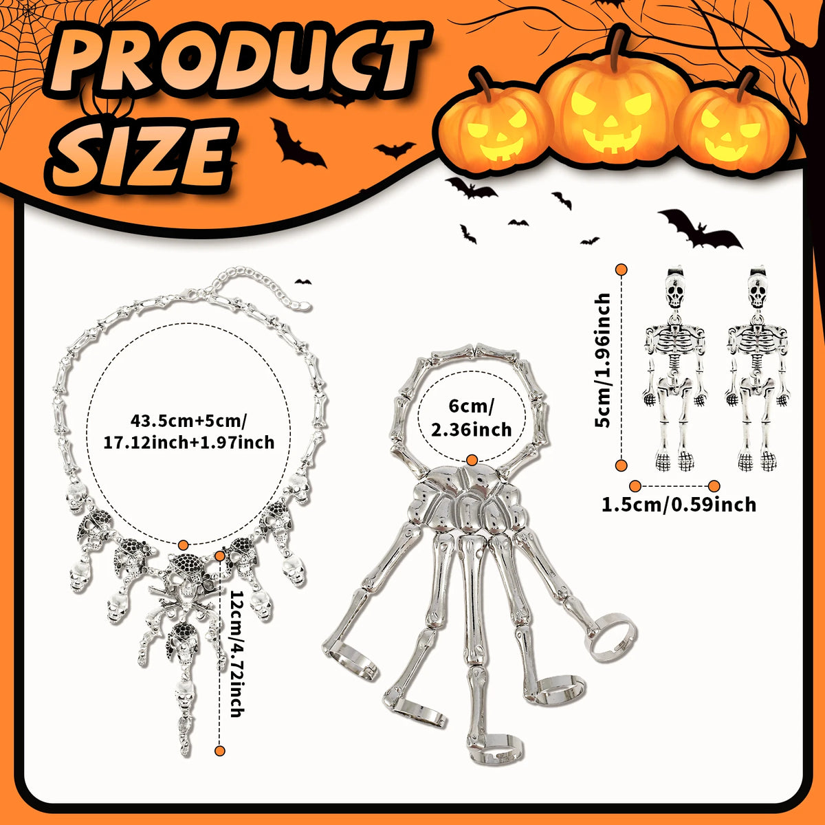 4Pcs Halloween Skeleton Jewelry Set – Necklace, Bracelet & Earrings Costume Jewelry Set Nixie