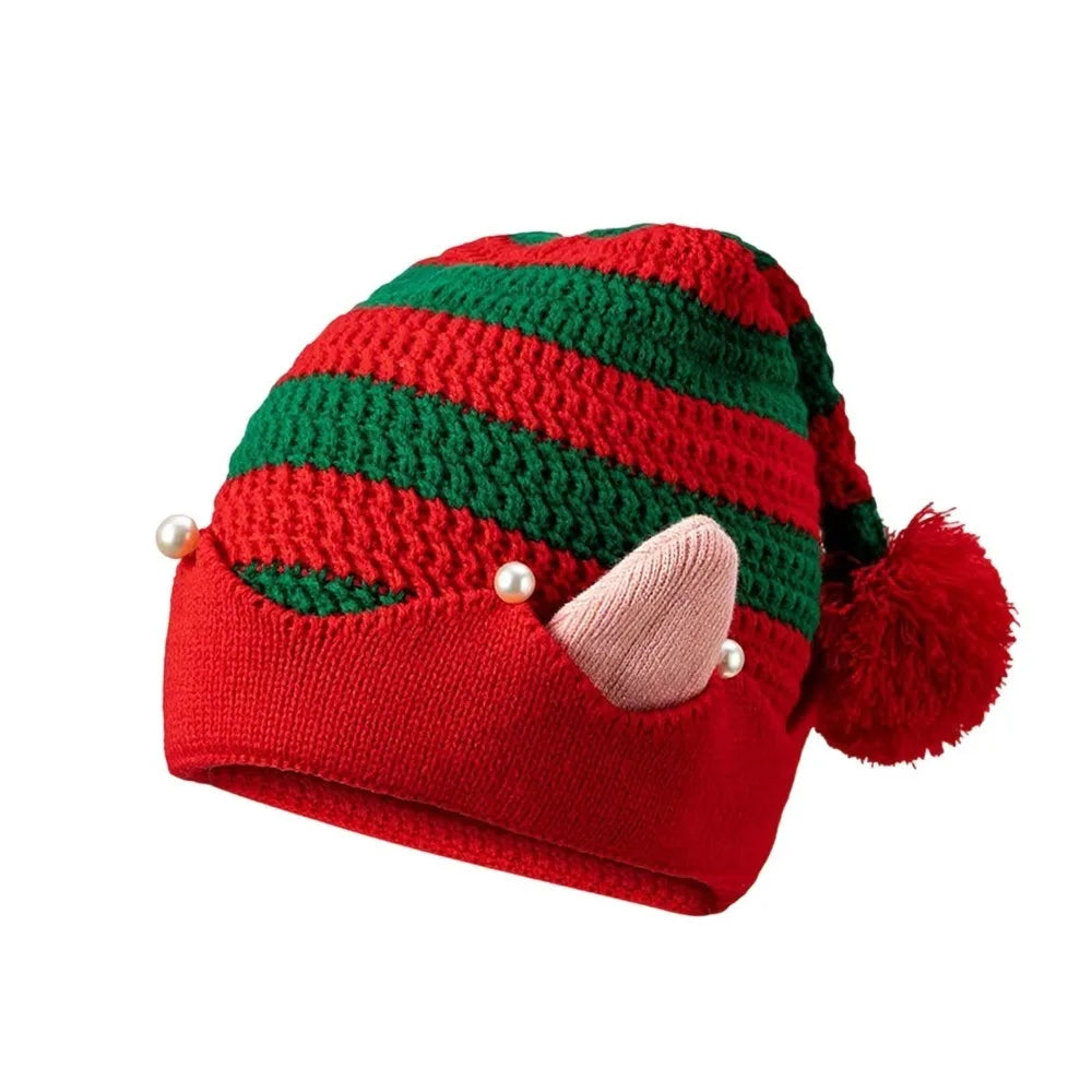Striped Knitted Christmas Hat with Ears & Pom-Pom | Elf Santa Cap