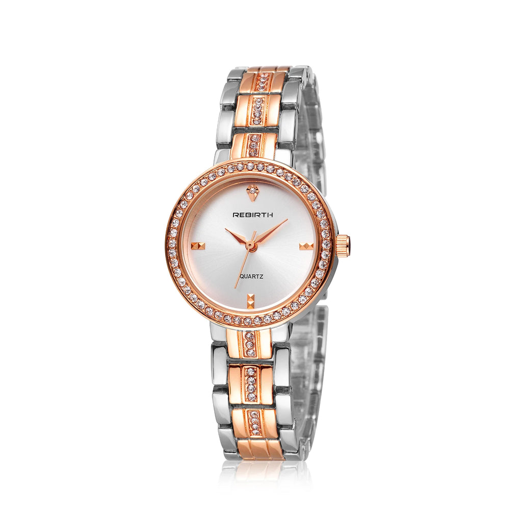 REBIRTH Women's Rose Gold Quartz Watch Diamond Bezel | Gift Women's Quartz Watch Nixie Rose