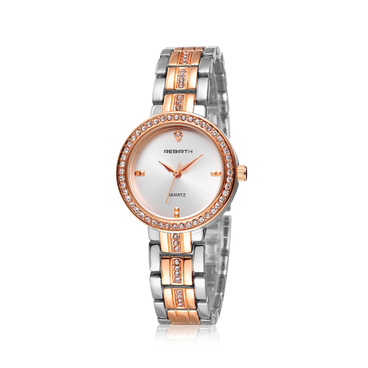 REBIRTH Women's Rose Gold Quartz Watch Diamond Bezel | Gift Women's Quartz Watch Nixie Rose