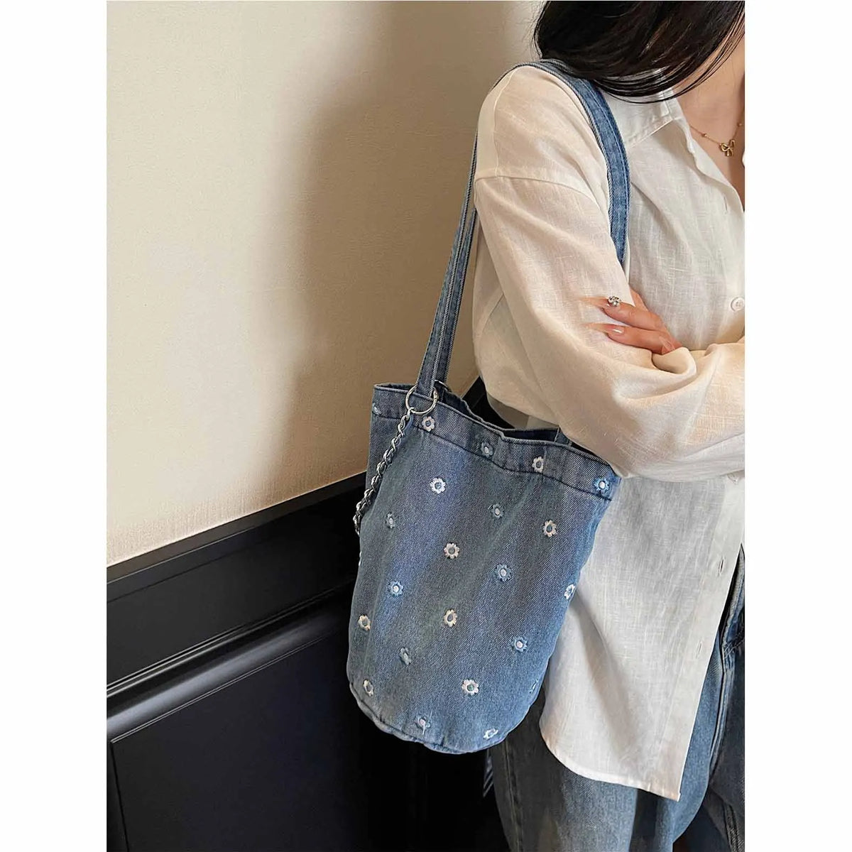 Japanese Denim Shoulder Bag – Large Capacity Women's Tote Denim Shoulder Tote Nixie