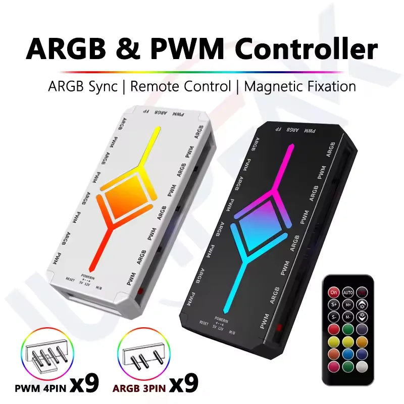 9-Port PWM ARGB Fan Hub Splitter with Remote for PC Case PWM ARGB Fan Hub Nixie