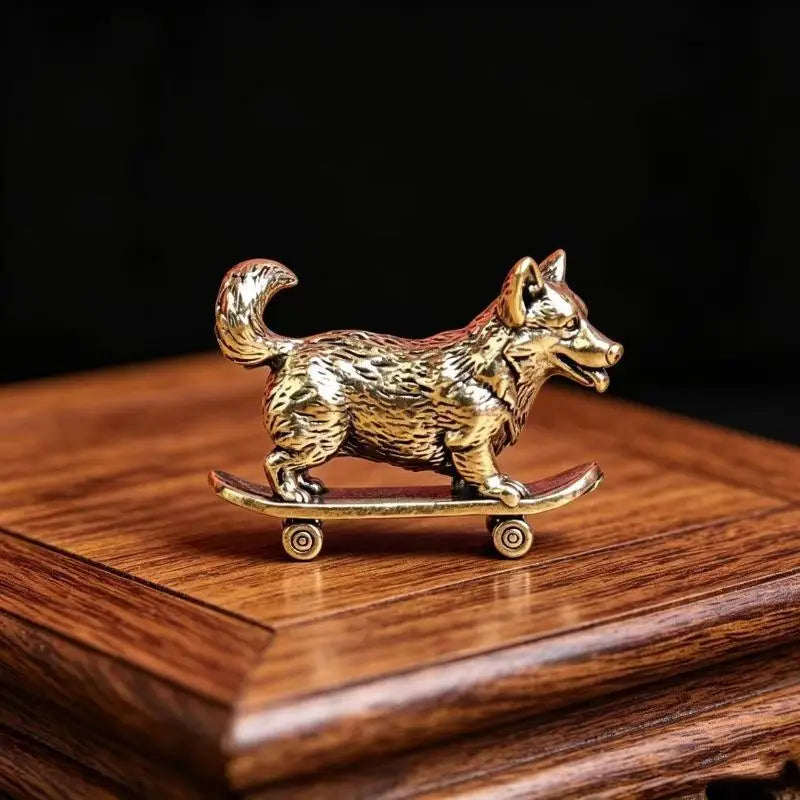 Brass Skateboard Dog Miniature Figurine – Lucky Desk Ornament