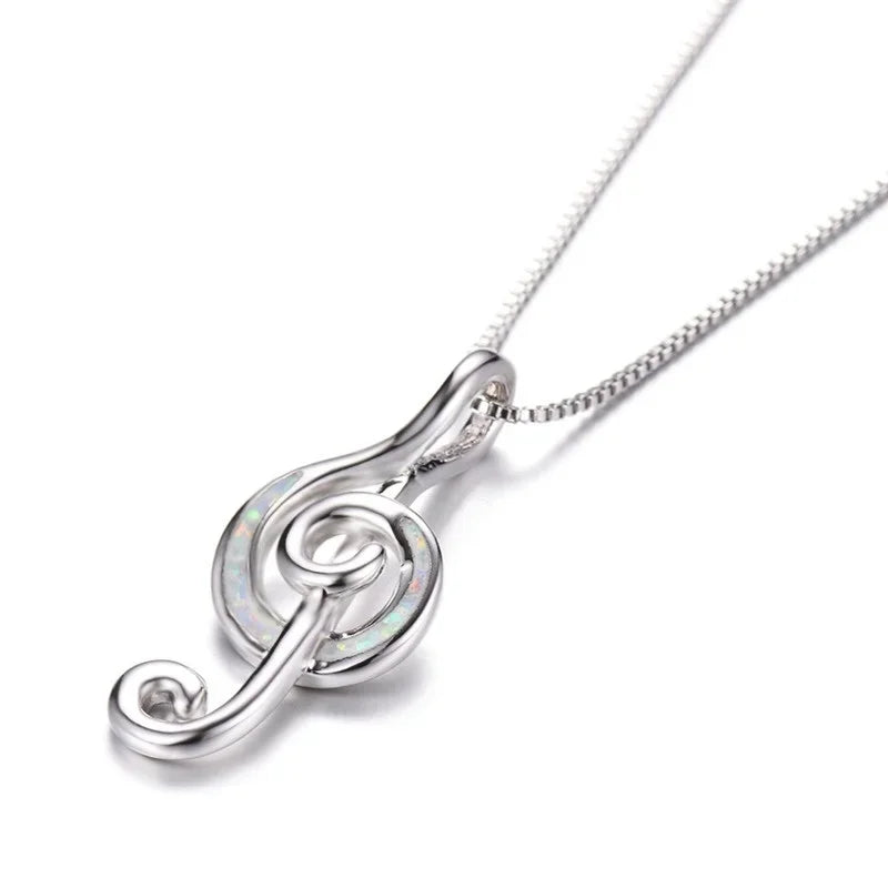 Music Note Opal Pendant Necklace – Silver Blue White Pendant Necklace Nixie