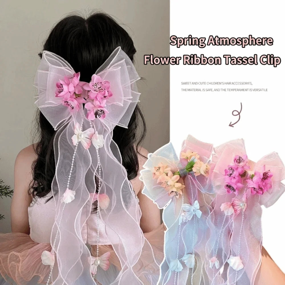 Pink Floral Bow Hair Clip Long Ribbon Butterfly Barrette Hair Clip Barrette Nixie