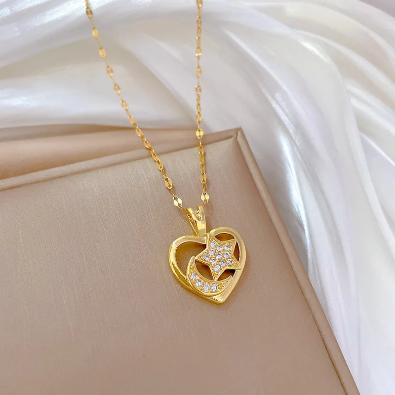 Heart Moon Star Pendant Necklace | Gold Stainless Steel Choker Pendant Necklace Nixie