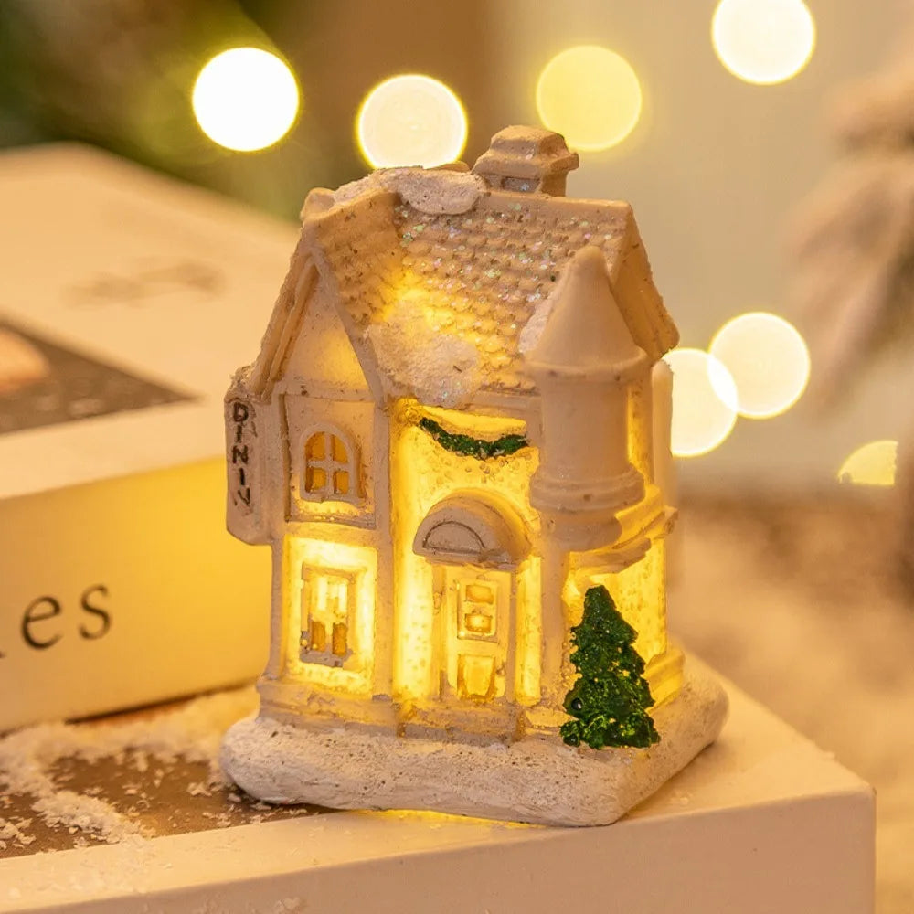 LED Miniature Christmas Village House Resin Ornament Decor Christmas Village Ornament Nixie White-White H