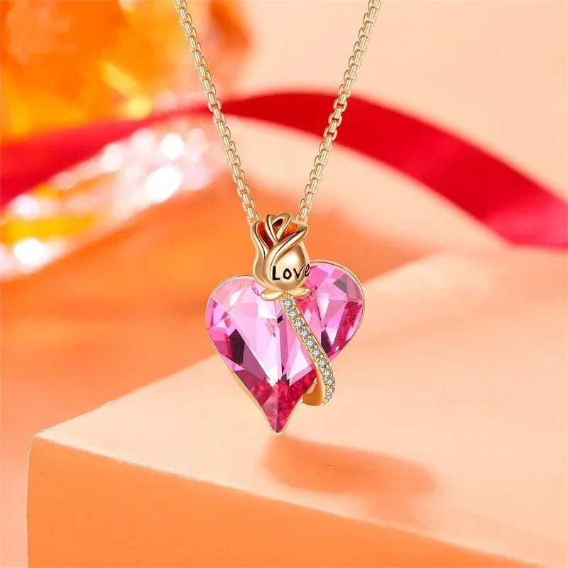 Pink Crystal Heart Pendant Necklace | Rose Flower Gift for Women Pendant Necklace Nixie