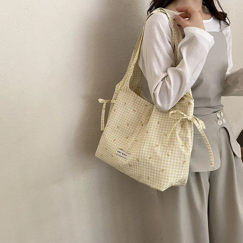 Korean Polka Dot Plaid Canvas Shoulder Bag – Large Capacity Canvas Shoulder Bag Nixie